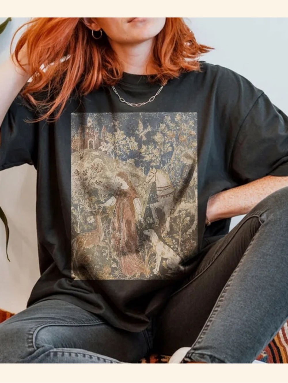 Gildan Black Medieval Graphic Tee with Vintage Tapestry Print